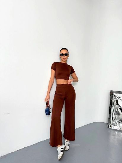 Osy Modal Yumuşak Dokulu Kumaş Kısa Kollu Crop Alt Ispanyol Paça Pantalon Ikili Takım - Kahverengi resmi